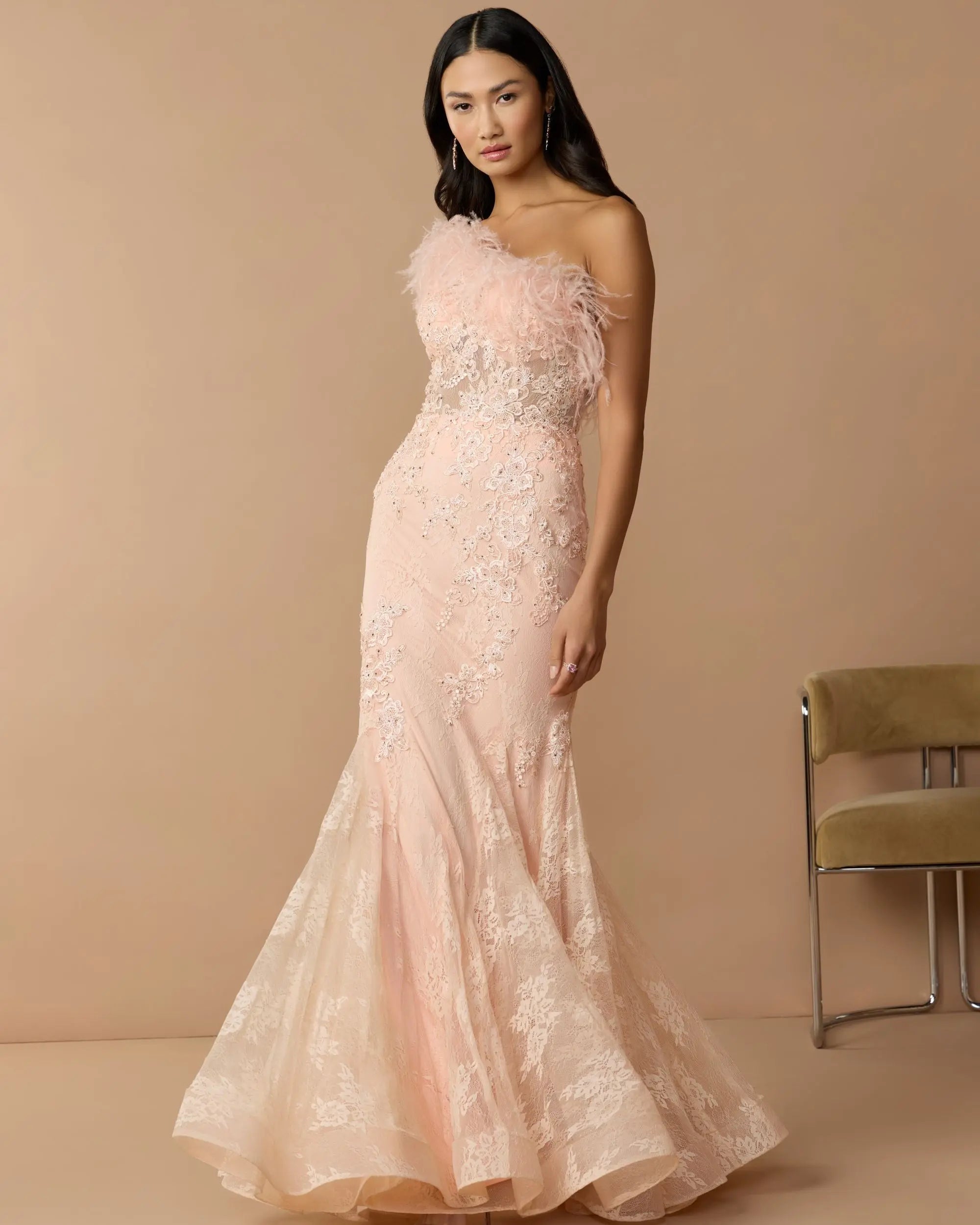 Pink One Shoulder Feather Embellished Mermaid Gown - Image 3