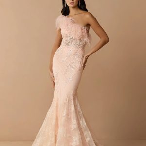 Pink One Shoulder Feather Embellished Mermaid Gown