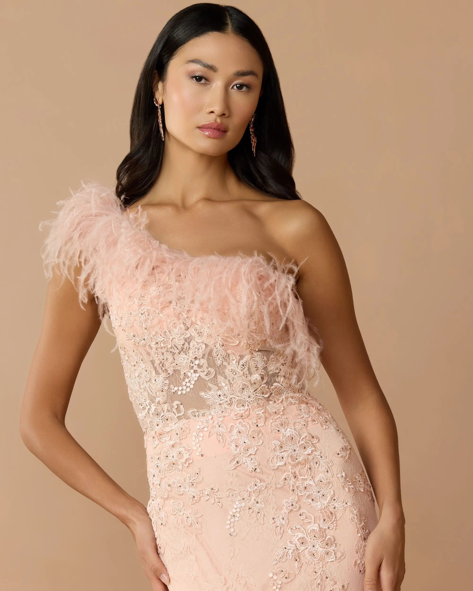 Pink One Shoulder Feather Embellished Mermaid Gown - Image 2