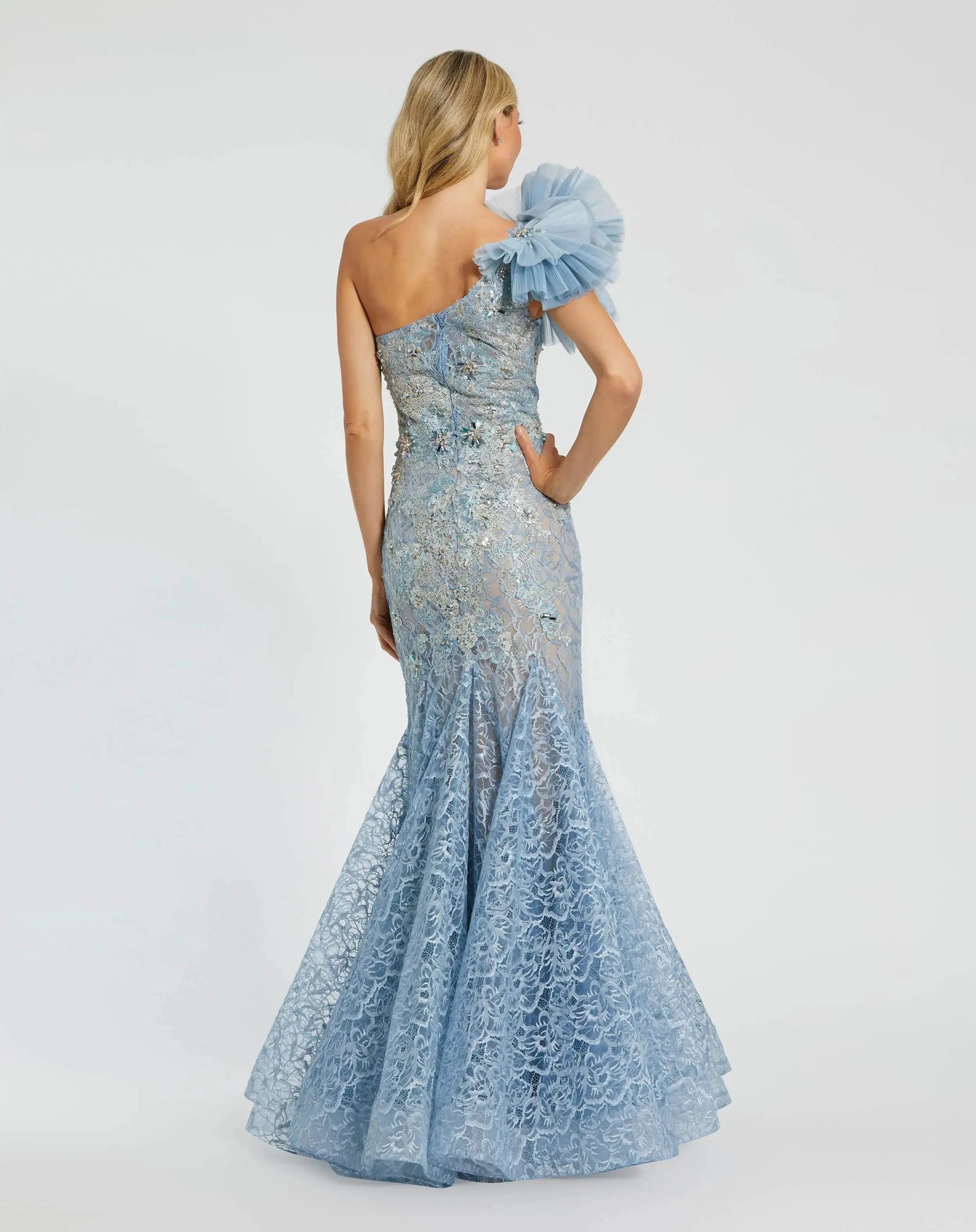 Blue Sleeveless One Shoulder Embroidered Mermaid Gown - Image 6