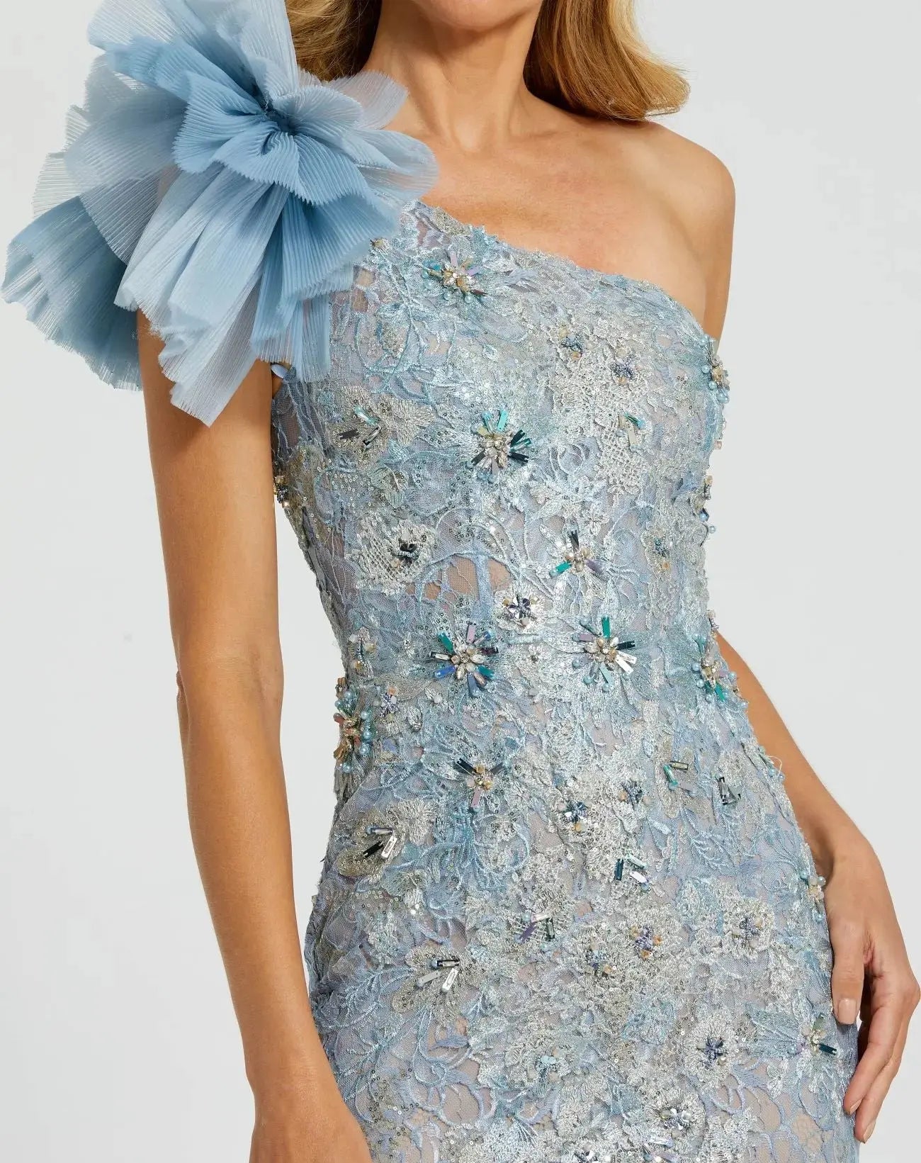Blue Sleeveless One Shoulder Embroidered Mermaid Gown - Image 5