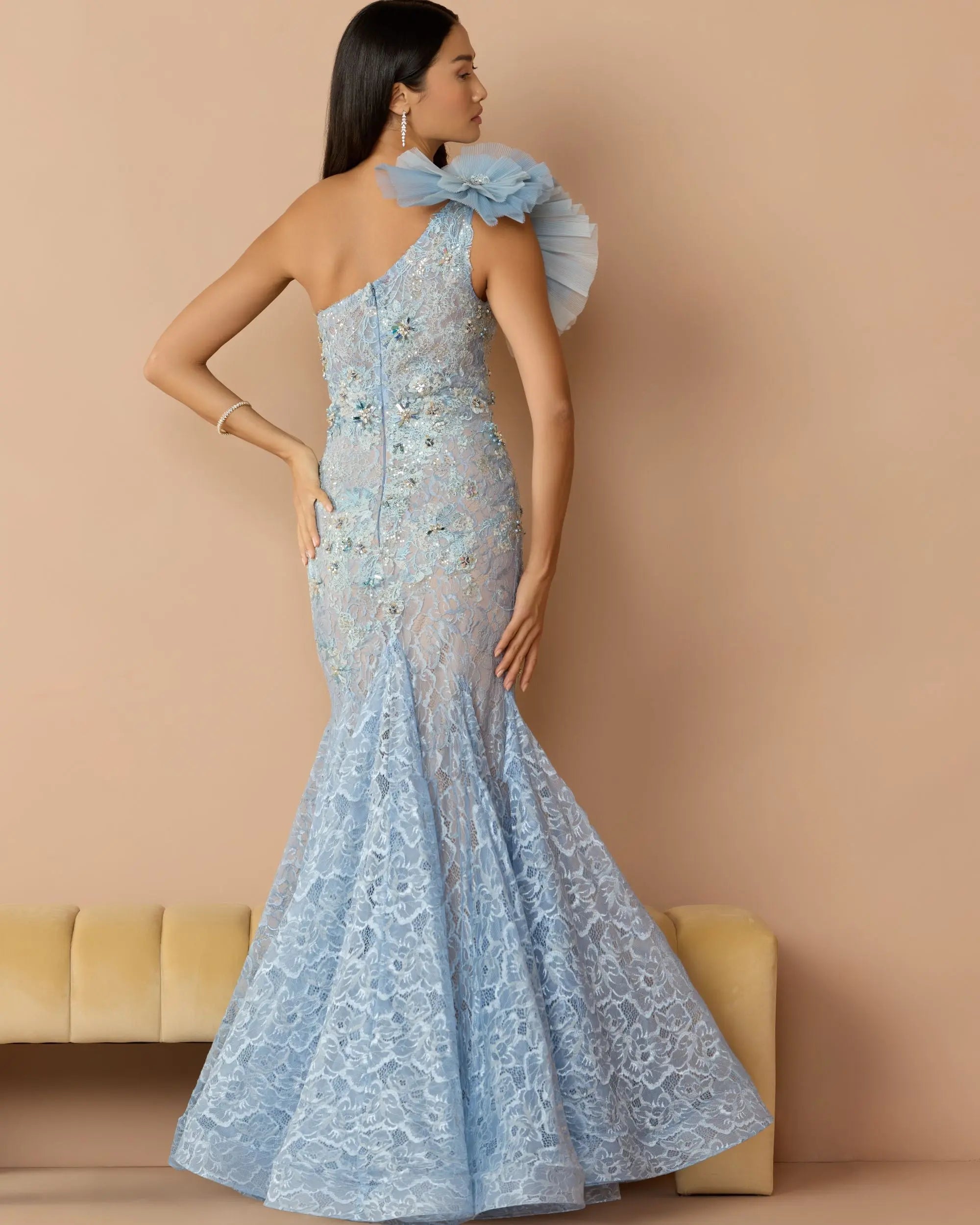 Blue Sleeveless One Shoulder Embroidered Mermaid Gown - Image 3