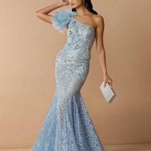 Blue Sleeveless One Shoulder Embroidered Mermaid Gown