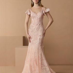 Pink Embroidered Lace Flutter Sleeve Mermaid Gown