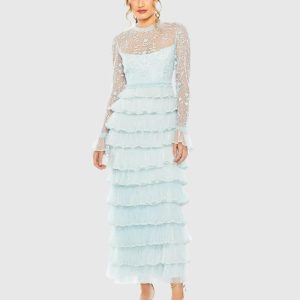 Blue Embroidered Long Sleeve Ruffled Tiered Dress