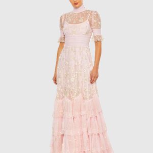 Pink Floral Embroidered Smock Neck Tiered Ruffle Dress