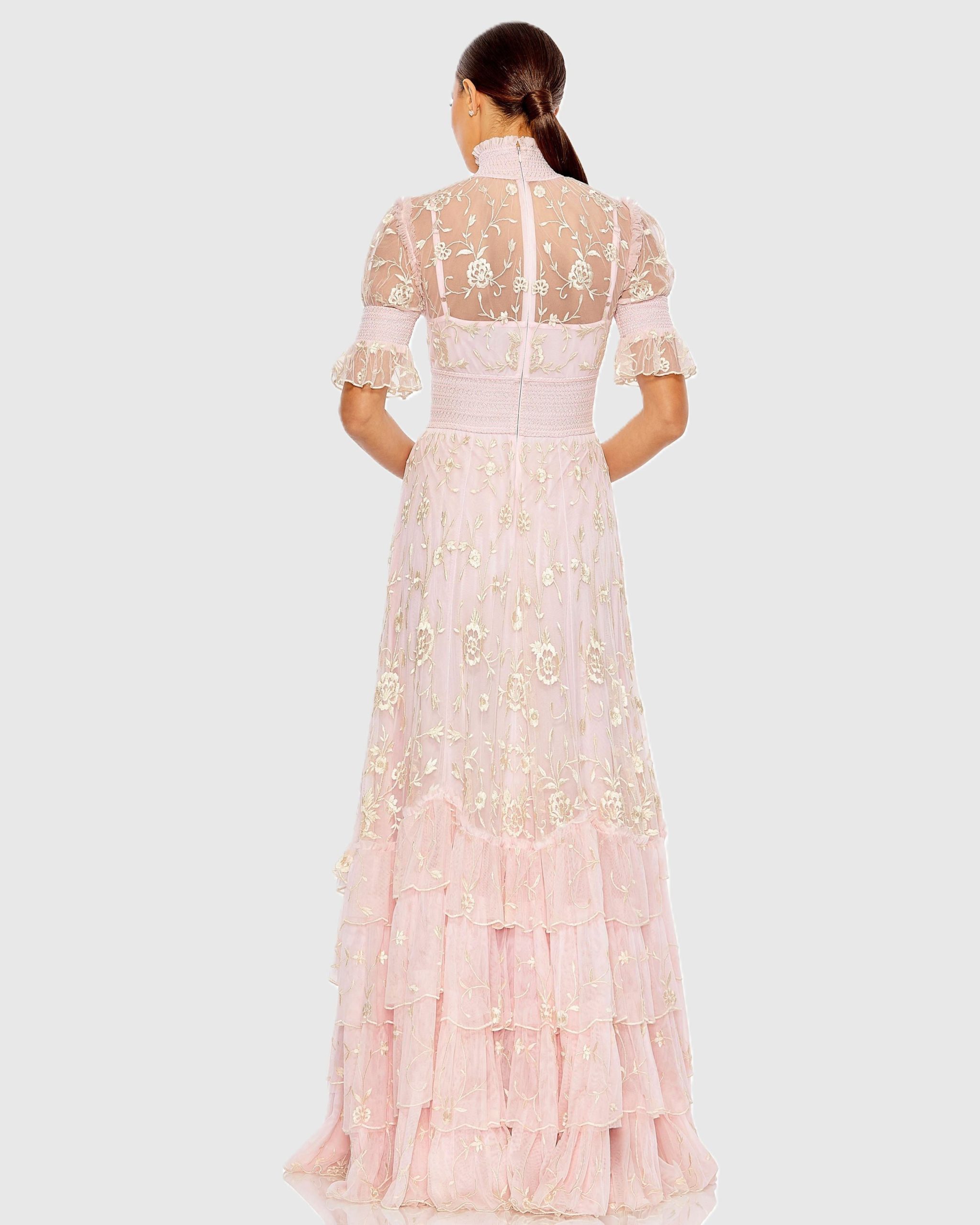 Pink Floral Embroidered Smock Neck Tiered Ruffle Dress - Image 3