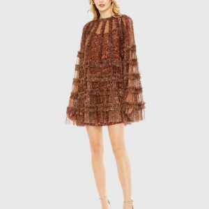 Brown Floral Print Long Flare Sleeve Mesh A-Line Dress - FINAL SALE