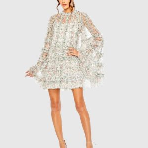Floral Print Long Flare Sleeve Mesh A-Line Dress