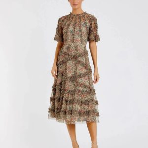 Beige Floral Midi Dress with Ruffle Detailing