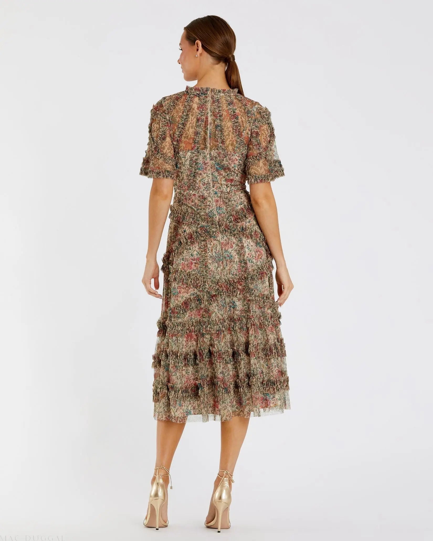 Beige Floral Midi Dress with Ruffle Detailing - Image 3