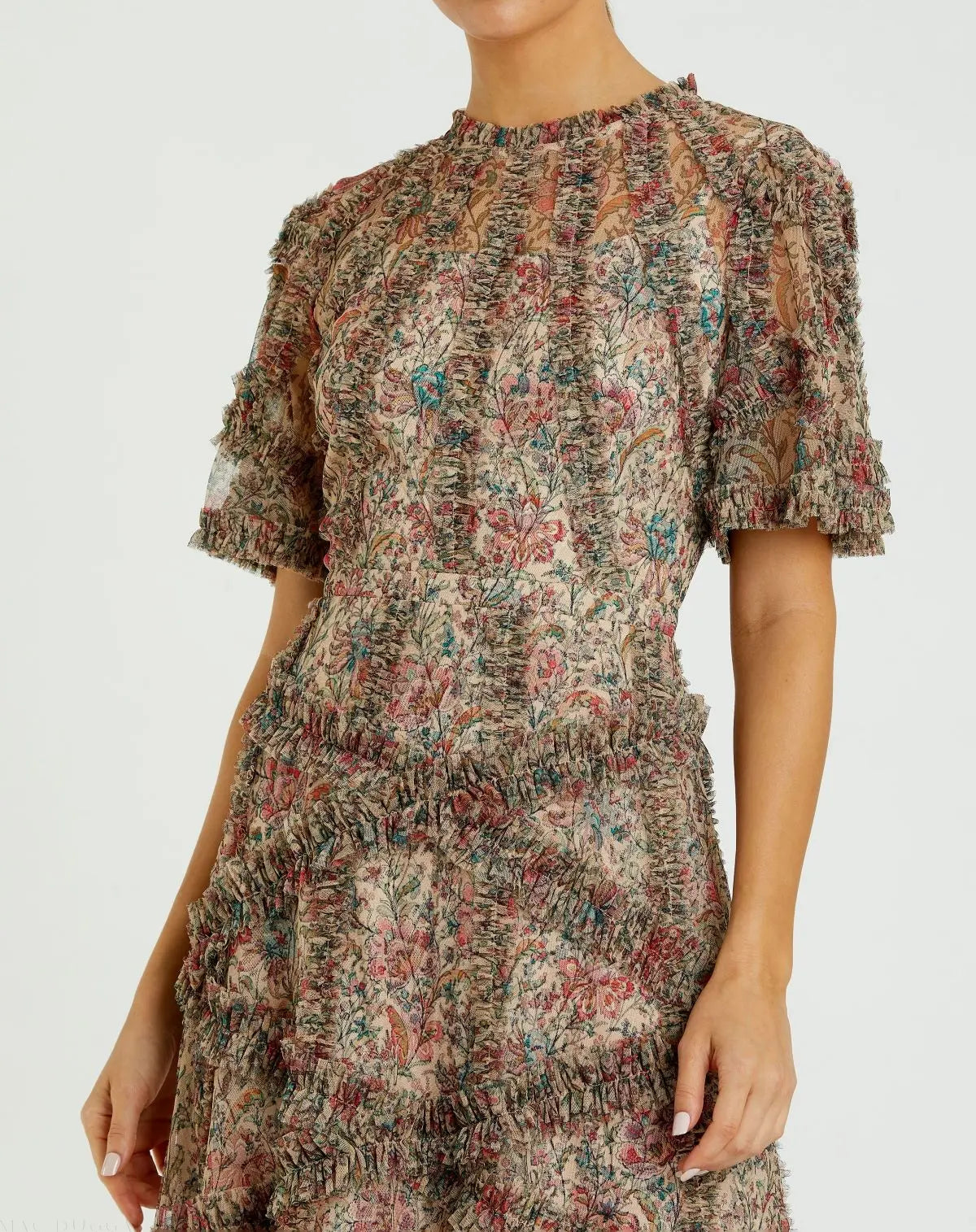 Beige Floral Midi Dress with Ruffle Detailing - Image 2
