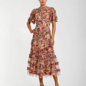 Multicolor Floral Midi Dress with Ruffle Detailing