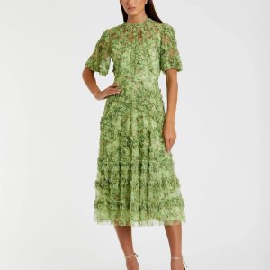 Green Floral Midi Dress with Ruffle Detailing