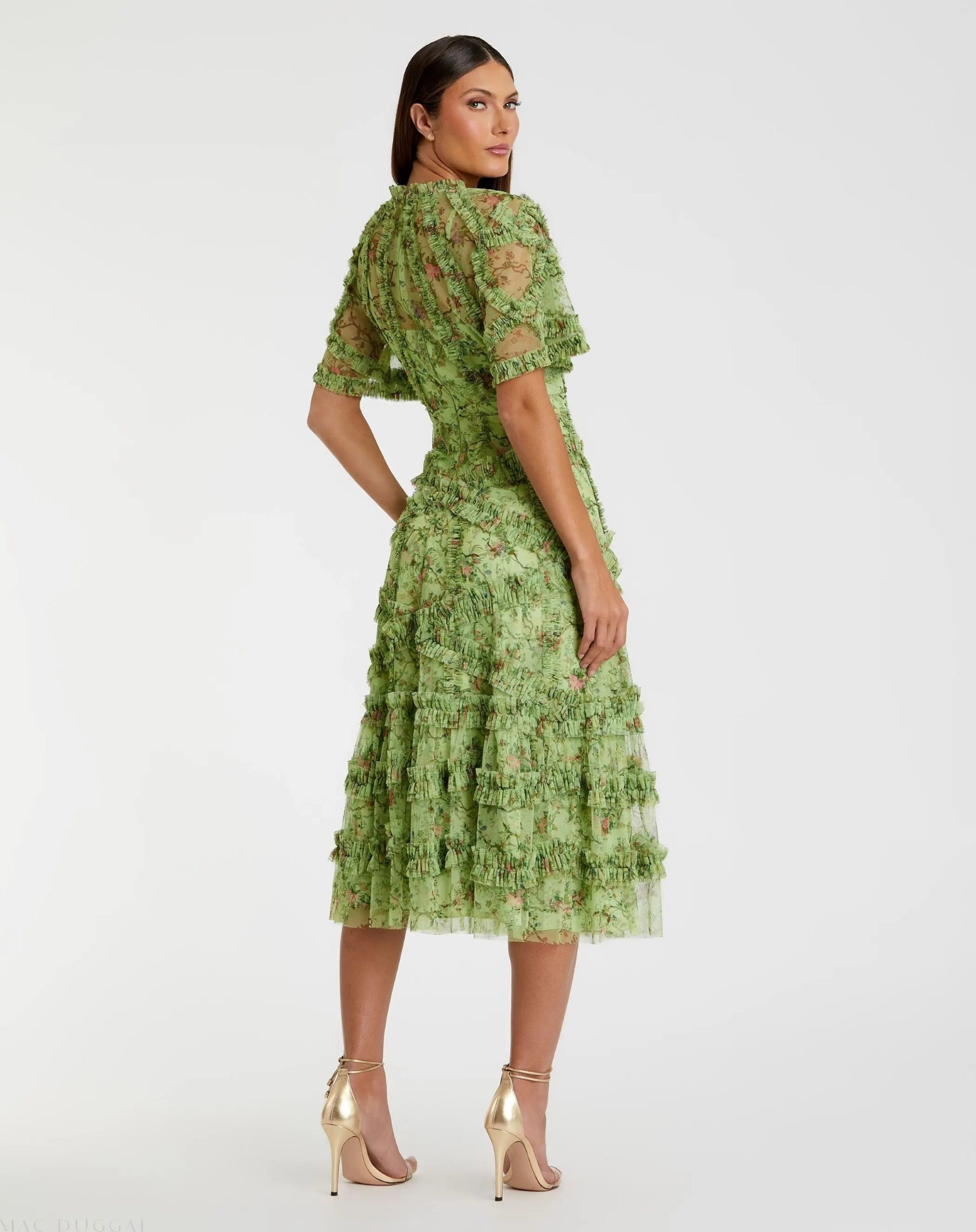 Green Floral Midi Dress with Ruffle Detailing - Image 3