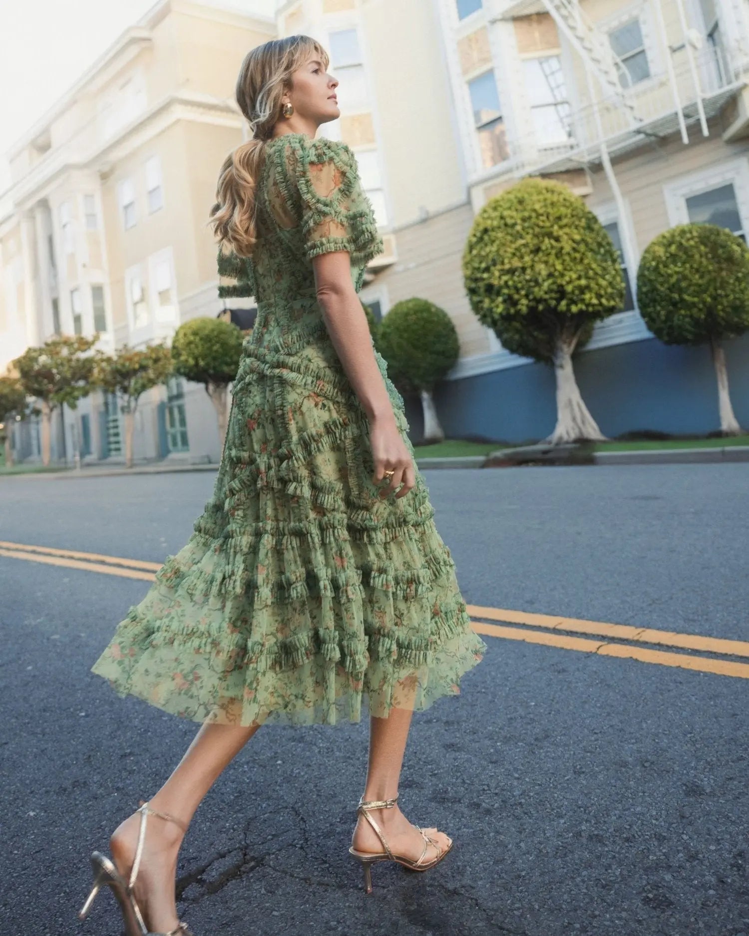 Green Floral Midi Dress with Ruffle Detailing - Image 6