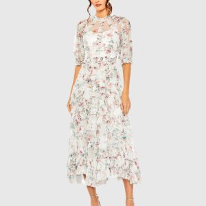 Multicolor Mesh Puff Sleeve Floral Print Dress