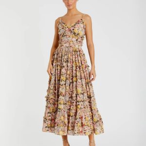 Beige Floral Printed Micro Ruffle Cotton Midi Dress