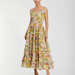Yellow Floral Printed Micro Ruffle Cotton Midi Dress