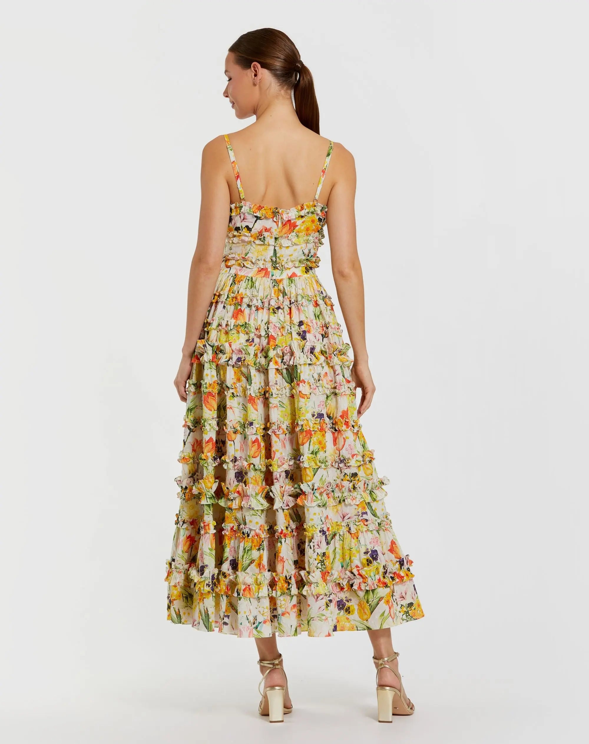 Yellow Floral Printed Micro Ruffle Cotton Midi Dress - Image 3