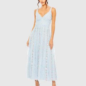 Blue Ruffle Floral Embroidered Detail Midi Dress