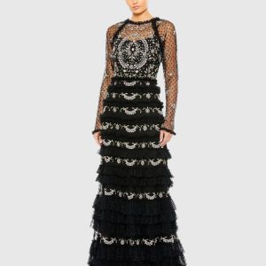 Mesh Polka Dot Long Sleeve Floral Ruffle Tired Gown