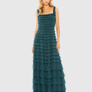 Teal Sleeveless Ruffle Layered Gown