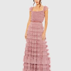 Ruffle Cap Sleeve Tiered Ruffle Gown