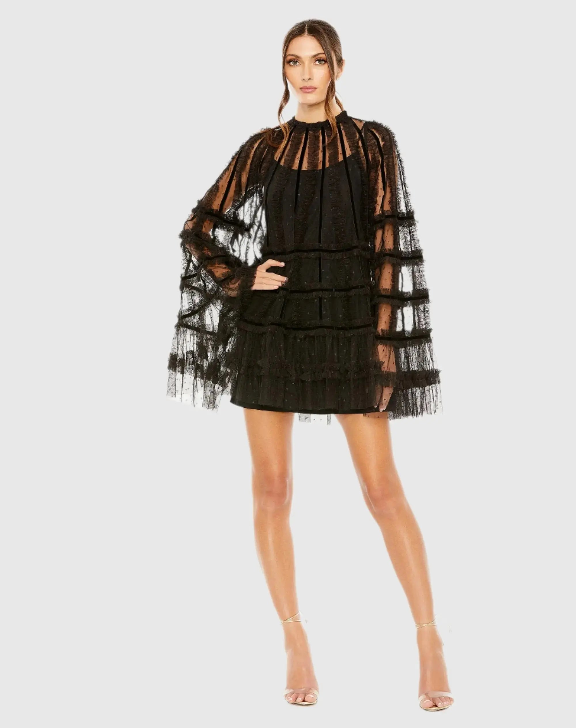 High Neck Ruffle Bell Sleeve Trapeze Dress - Image 2