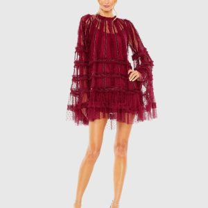 High Neck Ruffle Bell Sleeve Trapeze Dress