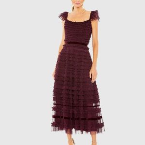 Purple Ruffle Cap Sleeve Tiered Midi Dress