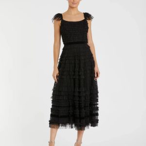 Black Ruffle Cap Sleeve Tiered Midi Dress