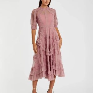 Pink High Neck Ruffle Tiered A-Line Midi Dress