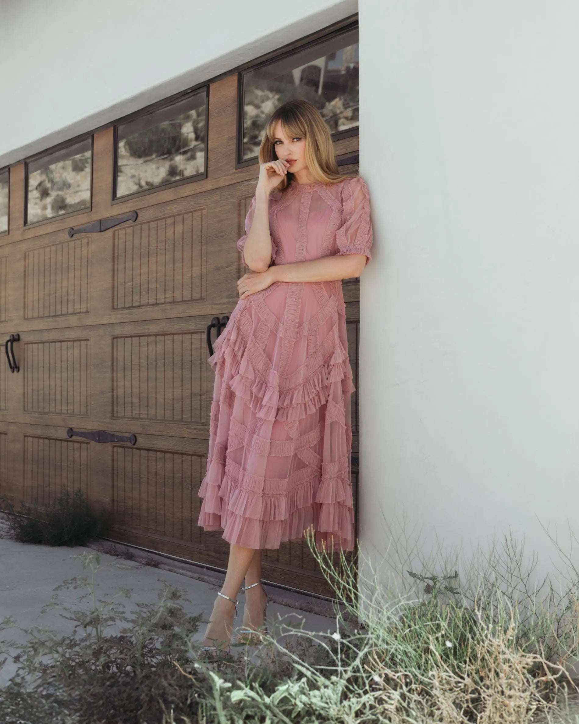 Pink High Neck Ruffle Tiered A-Line Midi Dress - Image 4