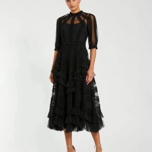 Black High Neck Ruffle Tiered A-Line Midi Dress