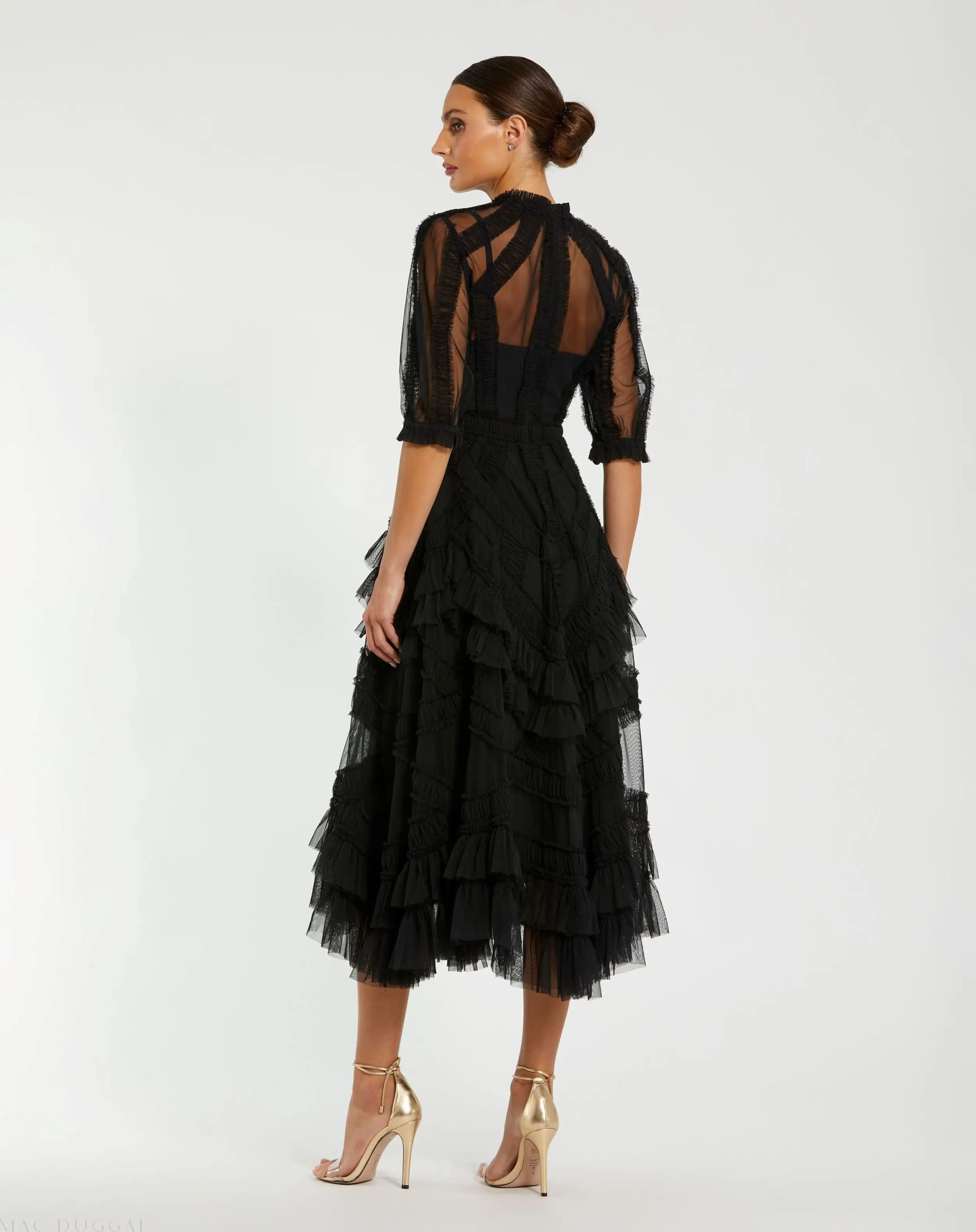 Black High Neck Ruffle Tiered A-Line Midi Dress - Image 3