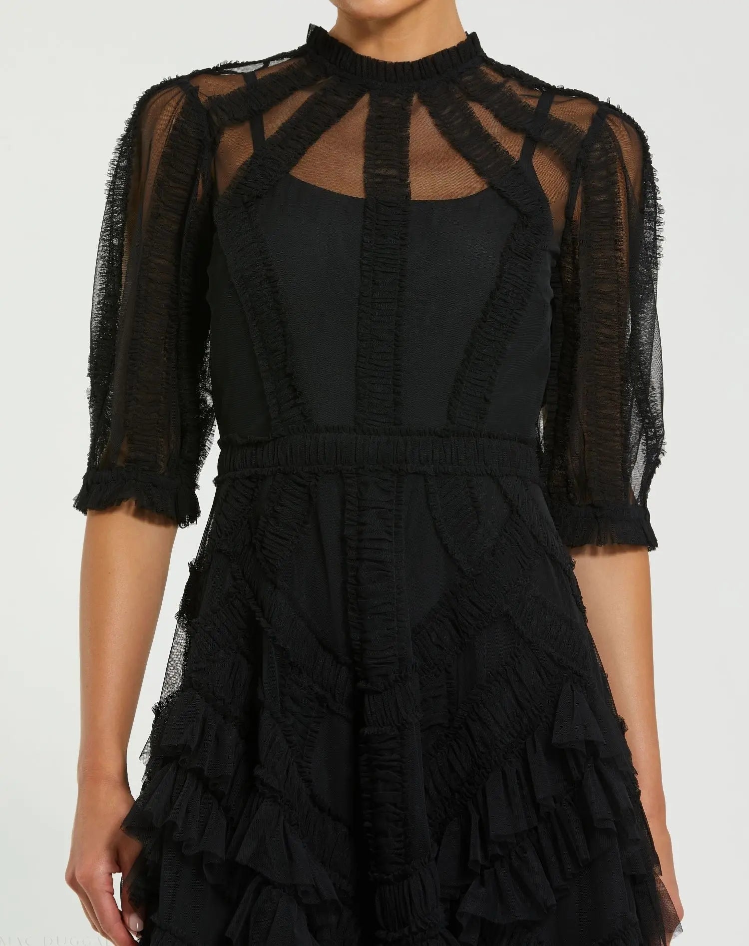 Black High Neck Ruffle Tiered A-Line Midi Dress - Image 2