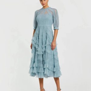 Blue High Neck Ruffle Tiered A-Line Midi Dress