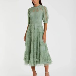 Green High Neck Ruffle Tiered A-Line Midi Dress