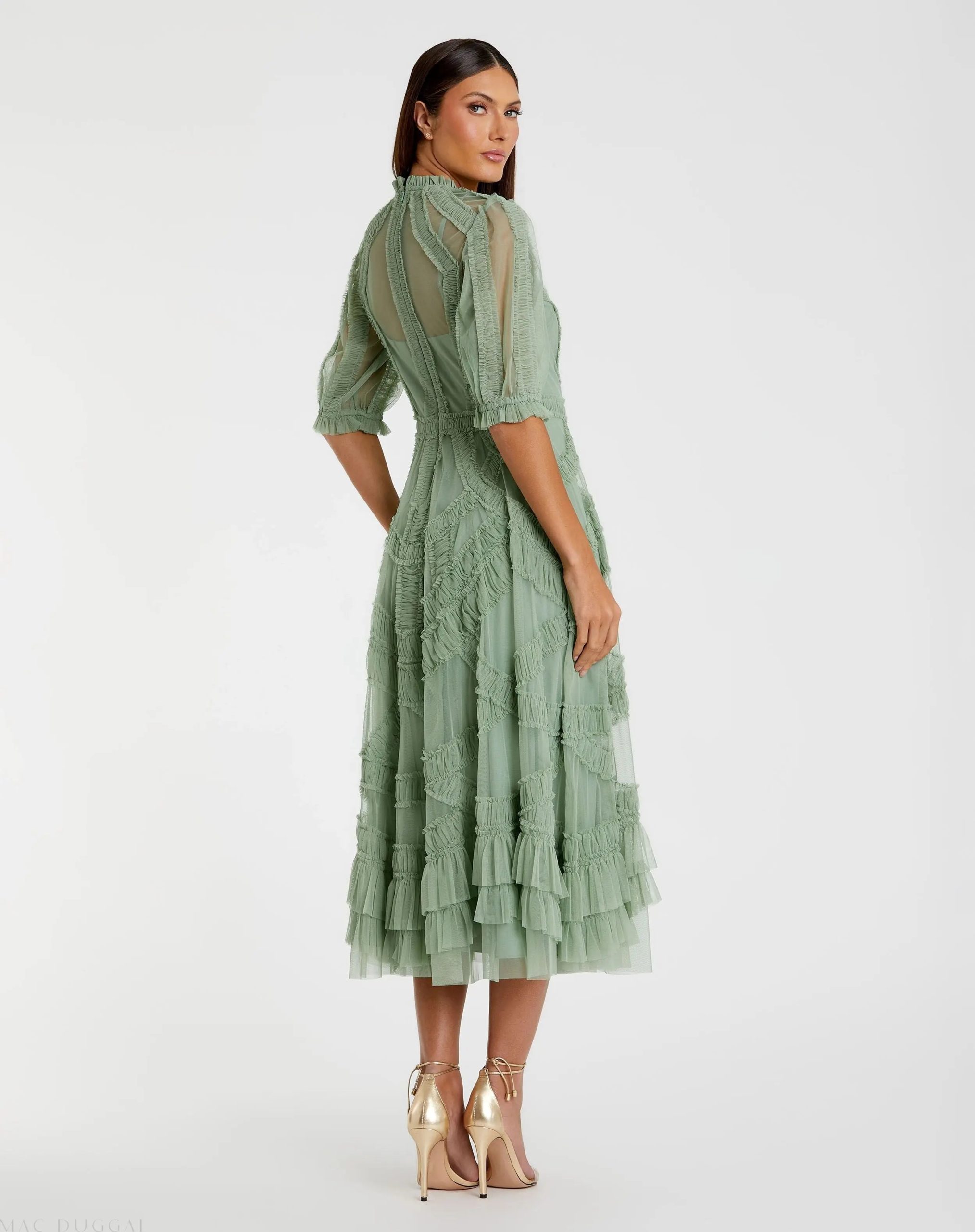 Green High Neck Ruffle Tiered A-Line Midi Dress - Image 3