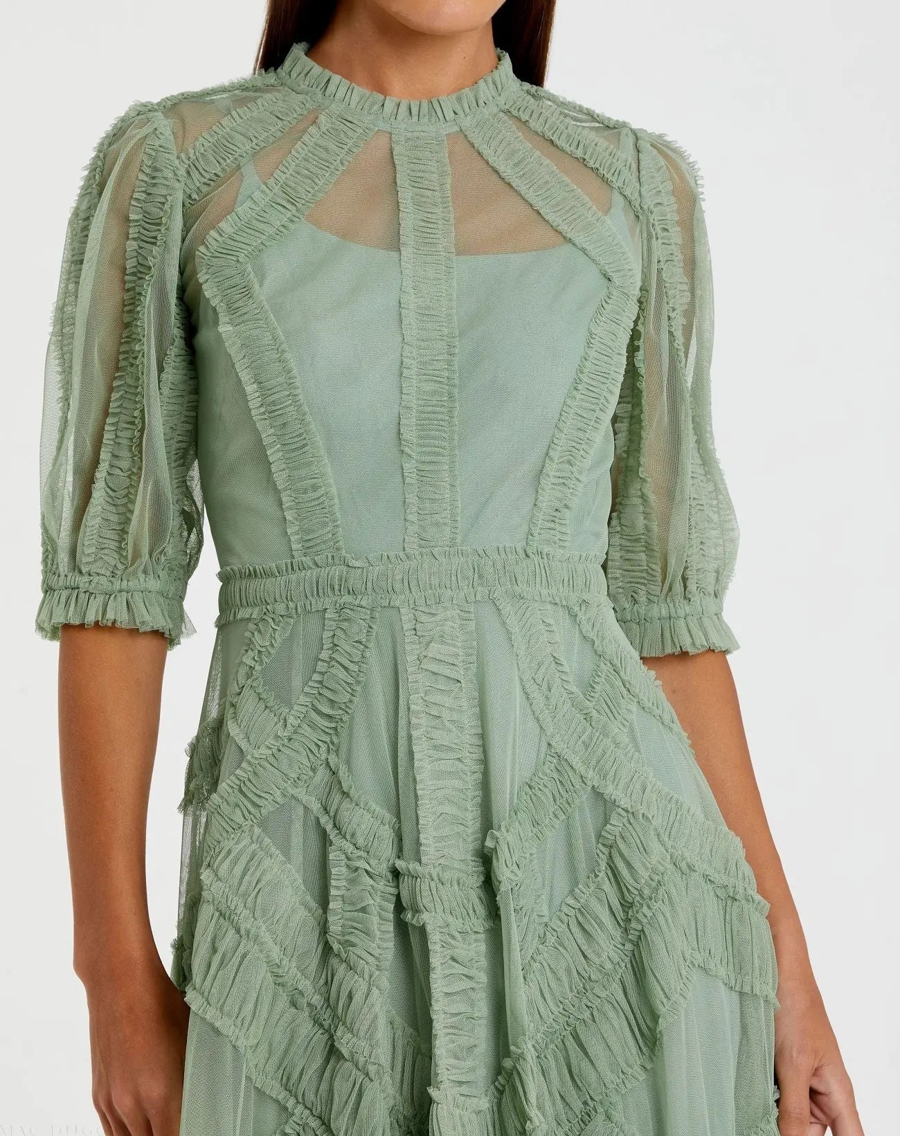 Green High Neck Ruffle Tiered A-Line Midi Dress - Image 2