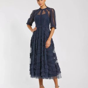 Navy High Neck Ruffle Tiered A-Line Midi Dress