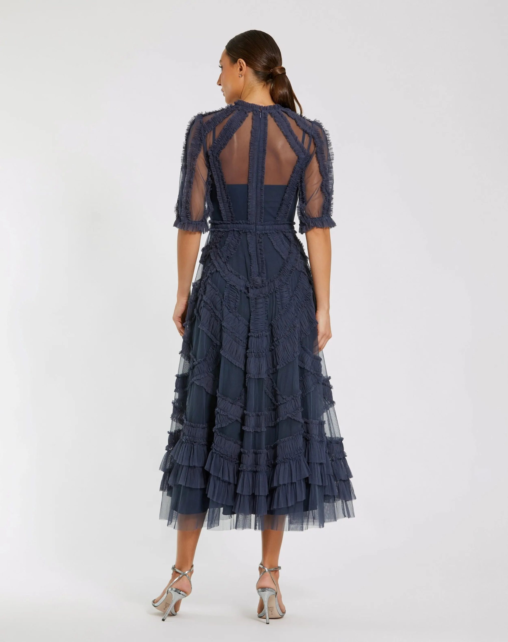 Navy High Neck Ruffle Tiered A-Line Midi Dress - Image 3