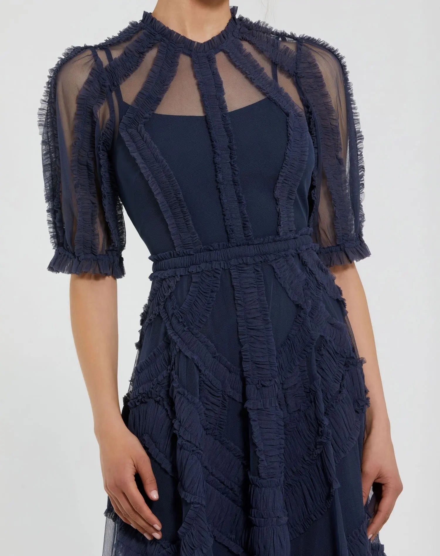 Navy High Neck Ruffle Tiered A-Line Midi Dress - Image 2