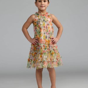 Girls Yellow Floral Printed Ruffle Mini Dress