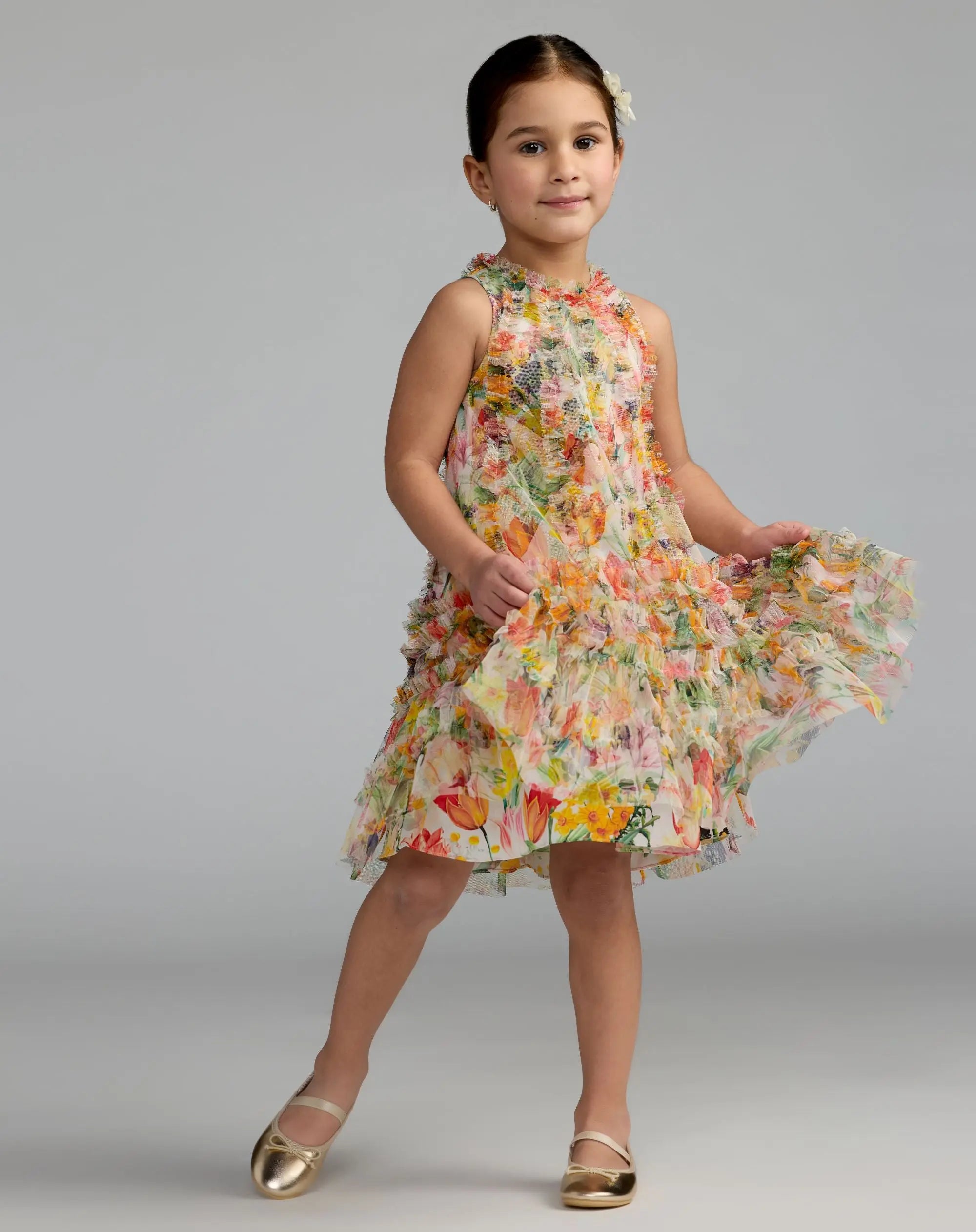 Girls Yellow Floral Printed Ruffle Mini Dress - Image 4