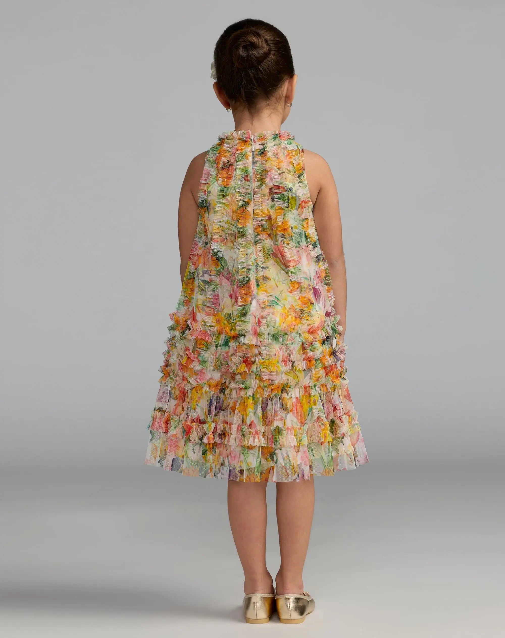 Girls Yellow Floral Printed Ruffle Mini Dress - Image 3