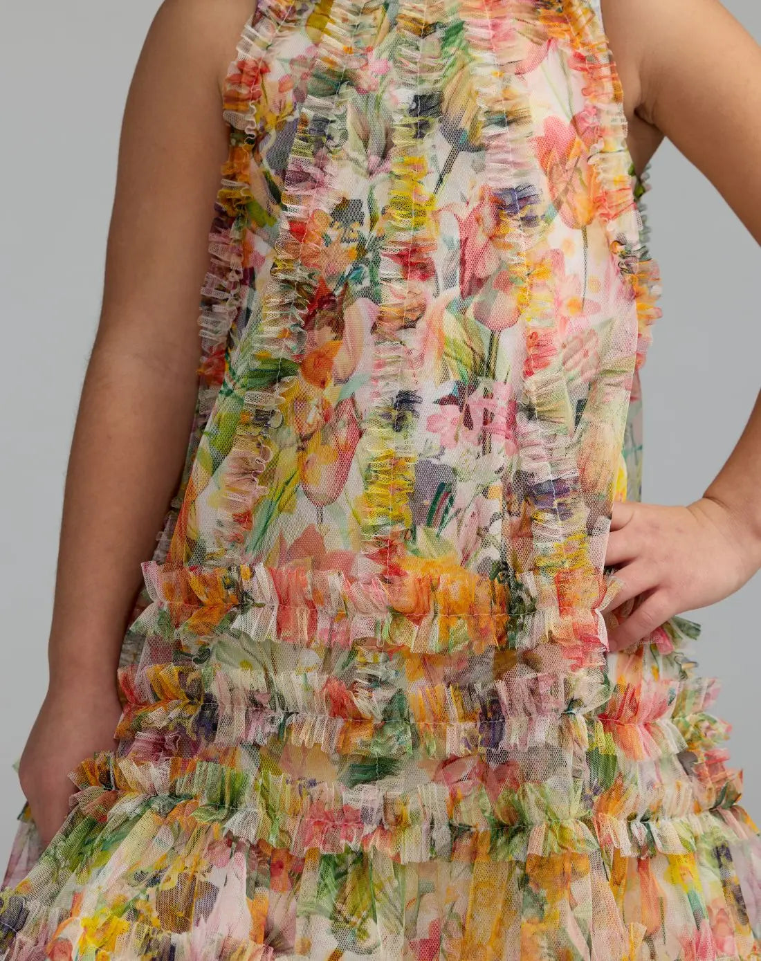 Girls Yellow Floral Printed Ruffle Mini Dress - Image 2