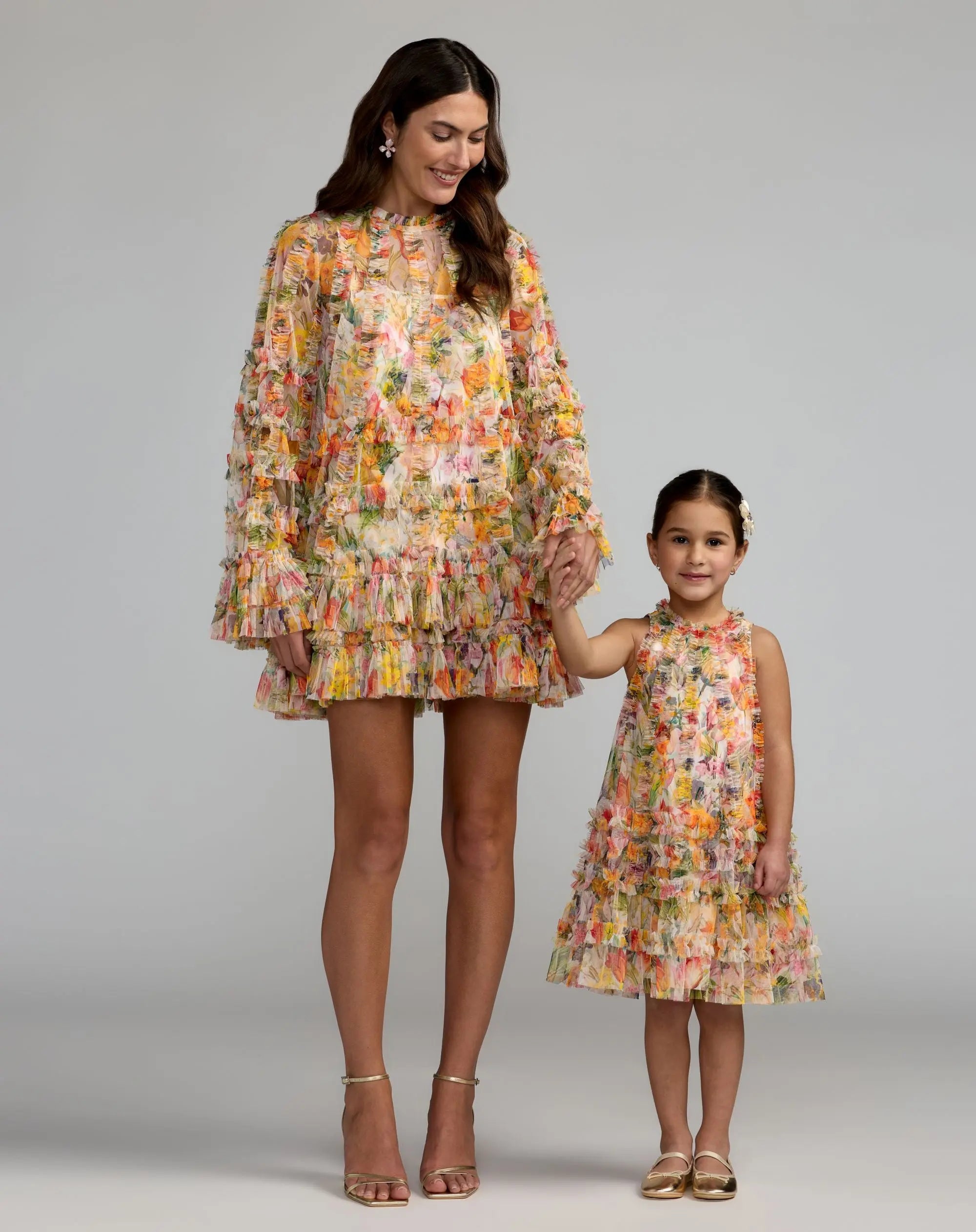 Girls Yellow Floral Printed Ruffle Mini Dress - Image 5
