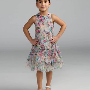 Girls Multicolor Floral Printed Ruffle Mini Dress